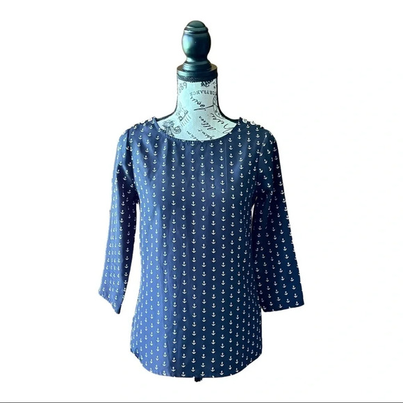 J. Crew Blue Nautical Anchor Blouse Beach Coastal XXS 3/4 sleeve Retro Y2k Prep - Picture 2 of 11